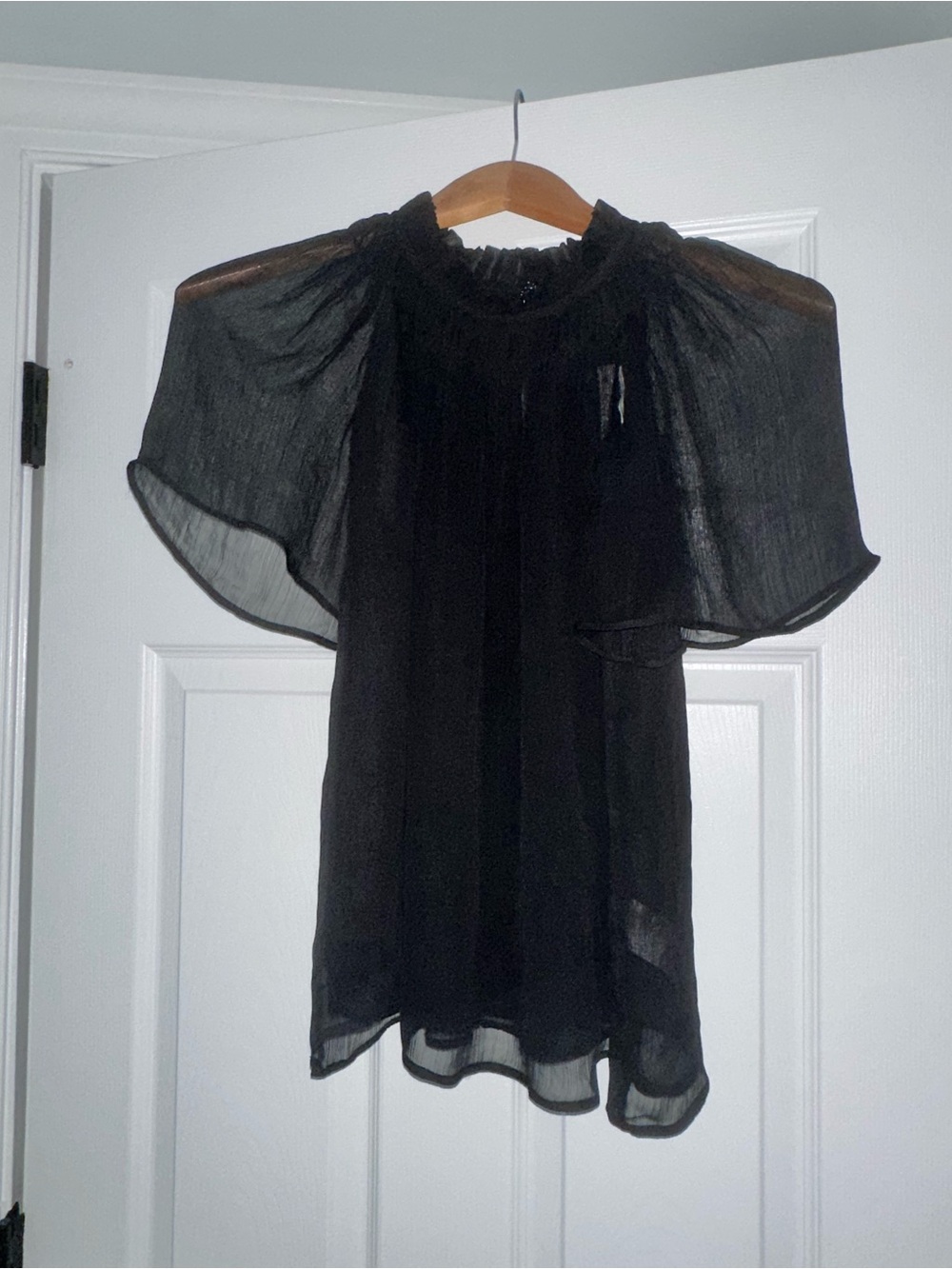 J. Crew Black Sheer Flutter-Sleeve Blouse, size XS, NWT